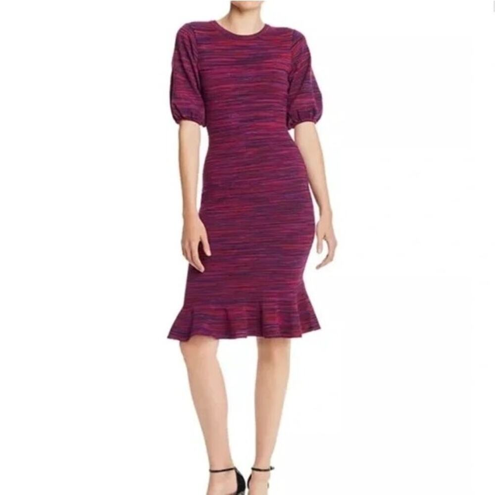 Milly Sweater Knit Dress Purple Pink Small Space Dye Puff Sleeve Ruffle Wiggle
